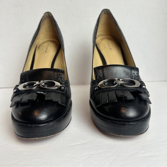 Coach Lynne Black Leather Platform Pumps Heels Size 9.5 Stacked Heel Fringe - Picture 4 of 16